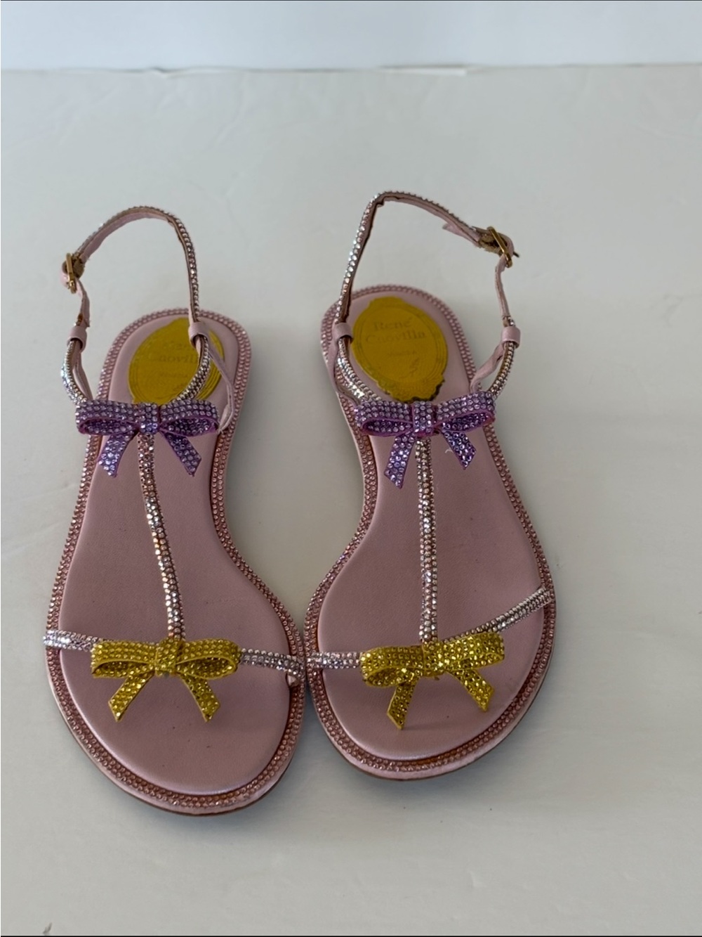 RENE CAOVILLA  Pink Sandals with Pink and Gold Bow Accents